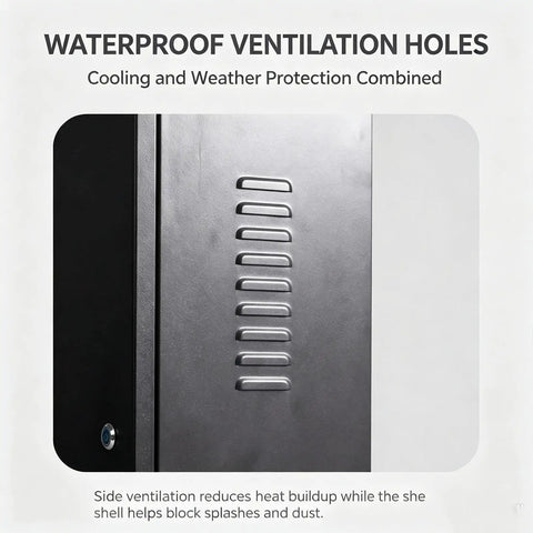 Close-up of waterproof ventilation holes on Built Different Wall Mounted EV Charger Protection Box with Lock, showcasing heat-reducing design.