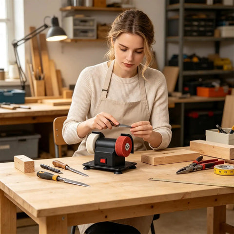 Slick Little Mini Bench Grinder With Dual Grinding Wheels for Razor Sharp Edge Tuning and Heavy Duty Surface Grinding in a workshop.