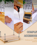 All In One Book Binding Kit With Press And Wooden Binding Press Includes Book Cloth Book Cover Boards Bone Folders Awl Wax Thread Bind Straps And Ribbons accessories showing tools and materials for DIY craft.