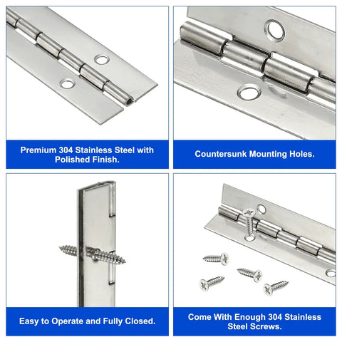 Two Pack 20 Inch Stainless Steel Piano Hinge Full Length Continuous Door Leaf Rock Solid Heavy Duty Cabinet Hardware Rust Resistant Cuttable Custom Fit Ready To Roll with polished finish and screws.