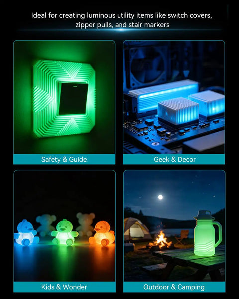 Glow In The Dark PLA Filament 1.75mm 4 Pack Bundle For 3D Printing, luminous DIY items for safety, decor, kids, and camping.