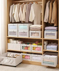 4 Pcs Foldable Closet Storage Bins With Clear Window For Slick Organization And No Sweat Folding To Keep Your Wardrobe Tidy And Make Room Organization A Total Breeze, displayed in a tidy closet with clothes.