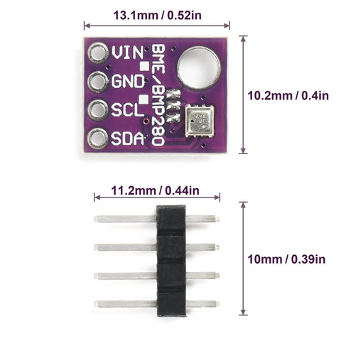4 Pack BME280 Sensor Module 5V I2C And SPI Breakout showing pin labels and dimensions