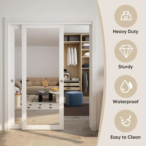 Heavy Duty 60 By 80 Inch White Preassembled Mirror Closet Door With Waterproof Wood Frame And Complete Slide Hardware Plus Matching Fascia For Easy No Sweat Diy Setup And Crystal Clear Low Distortion Glass in modern interior.
