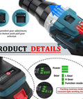 Close-up of Portable Electric Automatic Rivet Nut Gun Kit With LED Lighting, smart button panel and power display features shown.