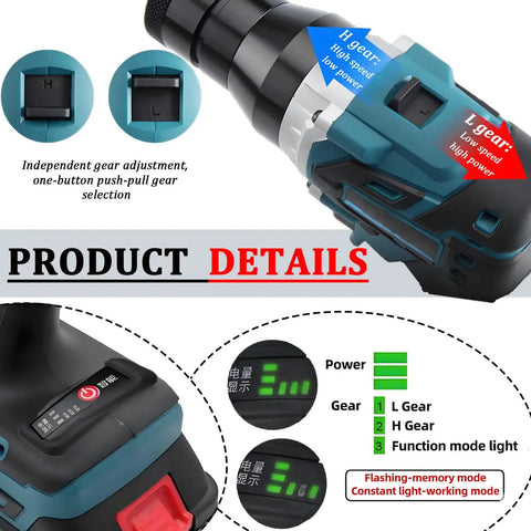 Close-up of Portable Electric Automatic Rivet Nut Gun Kit With LED Lighting, smart button panel and power display features shown.