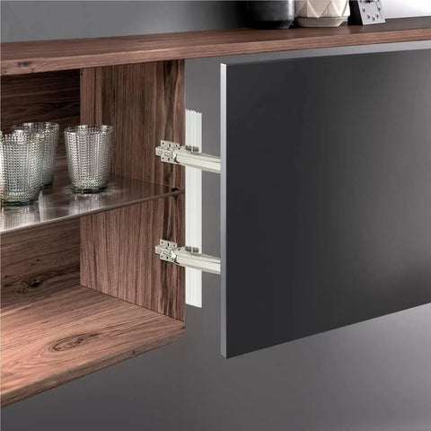 Heavy Duty Cabinet Door Hinges For Smooth Lateral Swing Built Tough Furniture Hardware mounted on a modern cabinet.