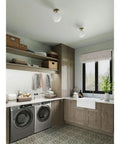 Carisa Collection 7 3/8 Inch One Light Flush Mount For Hallways And Bathrooms with white glass globe in laundry room.