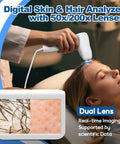 10.2 Inch Skin And Hair Analyzer Pro Grade Gear with LCD Screen digital skin detector in use for scalp analysis, dual lens view.