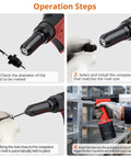 Operation steps for Professional Pneumatic Rivet Nut Gun Featuring Automatic Self Suction Loading And Four Quick Swap Nosepieces.