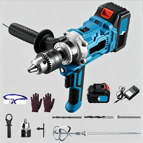 Tough As Nails Two In One Cordless Drill And Cement Mixing Tool With Two Speed Torque Control One Eighty Degree Rotatable Chuck Led Work Light Blue battery powered design accessories.