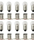 Straight Up E10 Mini Light Bulbs And Socket Holders Kit Featuring Ten Pieces Of Low Voltage Tungsten Filament Lamps Ideal For Science Fair Projects And Home Electronics Testing with bulbs and bases arranged.