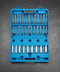 39 Piece Strut Service Kit With Piston Rod Holder And Nut Socket Set For Car Suspension Repair, Heavy Duty Pro Grade Tools, Impact Resistant And Clearly Marked Parts, Includes Durable Carrying Case For Shop Use, blue case open