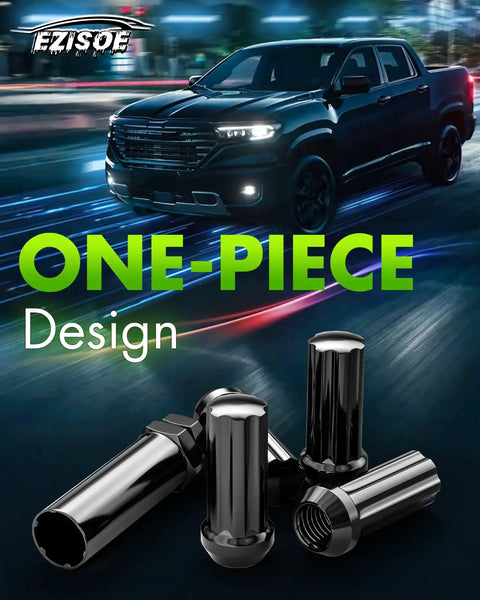24 Pack M14x2 Spline Lug Nuts Matte Black With 60 Degree Conical Seat For Ford F150 Expedition wheel bolts displayed with a truck.