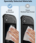 JSAUX microfiber cleaning cloth (6x6 in), 50-pack; two-panel graphic comparing no-residue cloth vs tissue scraps.