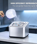 Kickass Countertop Glass Froster Ultra Fast Chiller chilling a glass to -45°C on a countertop with LED light.