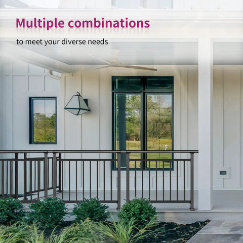 Preassembled Horizontal Deck Railing Kit Featuring Tight Baluster Spacing And Rock Solid Metal Frame Crafted From Heavy Duty Black Steel For Safer Backyards And Zero Fuss Install on porch with plants.