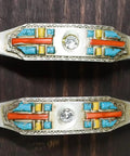 Set Of Four Hella Stylish Southwestern Turquoise Cross Drawer Pulls With Sparkling Rhinestone Sculpted Hand Painted Composite Resin Cabinet Handles And Furniture Knobs For Any Room That Really Looks Dang Sharp - close-up of two drawer pulls showcasing vibrant colors and design.