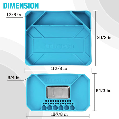 2-Piece Silicone Tool Tray Set With Non-Slip Flexible Organizer And Magnetic Tray Large Capacity Storage shown with dimensions.