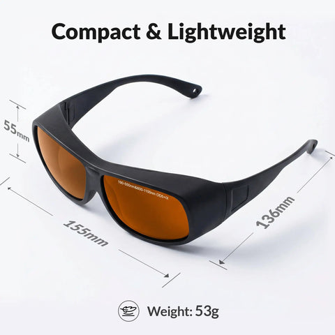 Rock Solid Laser Safety Goggles With Straight Up Hella Thick Lenses And Serious OD5 Plus Eye Defense, 55mm height, compact design.