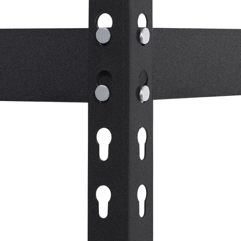 Close-up of Heavy Duty Steel Storage Rack With Five Adjustable Wire Shelves, black steel frame and mounting holes.