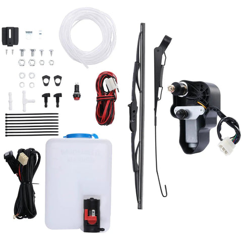 Badass 165 Degree UTV Windshield Wiper Kit With Reinforced Metal Arm And Tough Rubber Blade components set including wiper motor and blades.