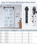 How To Choose Bifold Barn Door Size diagram showing dimensions for 42X84 Double Bifold Sliding Barn Door With Heavy Duty Hardware Kit.
