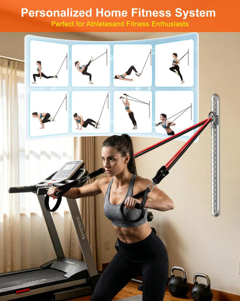 Woman using Built Like A Tank Wall Mount Resistance Band Anchor Rack - Heavy Duty Aluminum Home Gym Bracket for workouts.