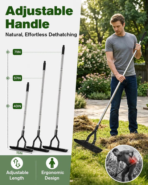 Man using 15 Inch Heavy Duty Dethatching Rake With Adjustable Long Handle Metal Turf Rake For Grass And Lawn Cleanup Made Easy