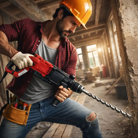 Man using Heavy Duty Corded Rotary Hammer With Multi Speed Settings And Four Mode Switching For Masonry Drilling.