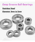 Heavy Duty One Piece Stainless Steel Miniature Deep Groove Ball Bearing Delivering Zero Drag Operation With Tight Factory Specs And Grease Monkey Approved Durability, set of six sizes, 3mm to 5mm diameters.