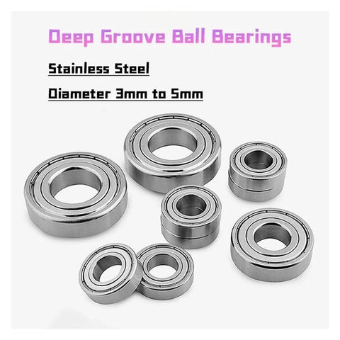 Heavy Duty One Piece Stainless Steel Miniature Deep Groove Ball Bearing Delivering Zero Drag Operation With Tight Factory Specs And Grease Monkey Approved Durability, set of six sizes, 3mm to 5mm diameters.
