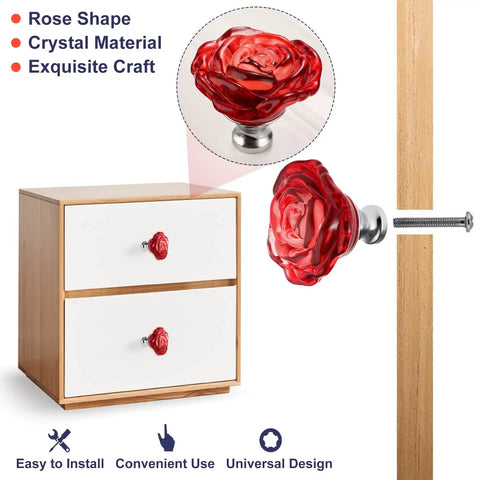 Kick Up Decor With Super Slick Red Glass Dresser Knobs And Rose Crystal Drawer Handles In This 5 Piece Set of smooth furniture pulls on a drawer.