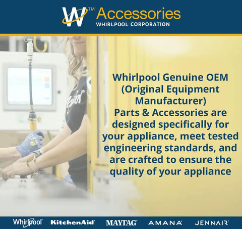 Whirlpool Accessories promotional display with focus on genuine OEM parts and engineering standards in appliance manufacturing.