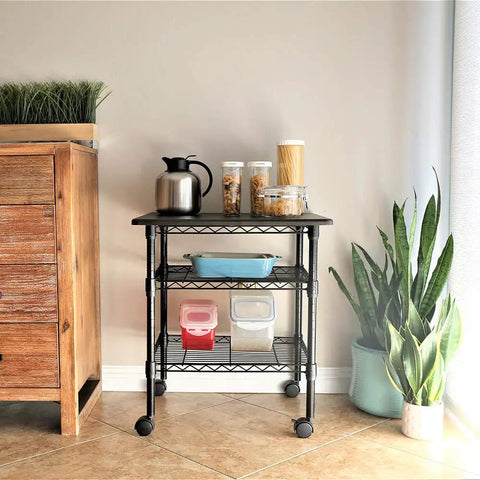 Rock Solid Three Tier Printer Stand Desk Organizer In Sleek Black Finish Scratch Resistant Laminate Top With Heavy Duty Steel Frame for office storage.