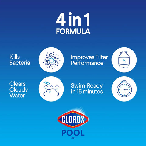 4 in 1 formula details for pool treatment, highlighting benefits like kills bacteria and clears cloudy water.