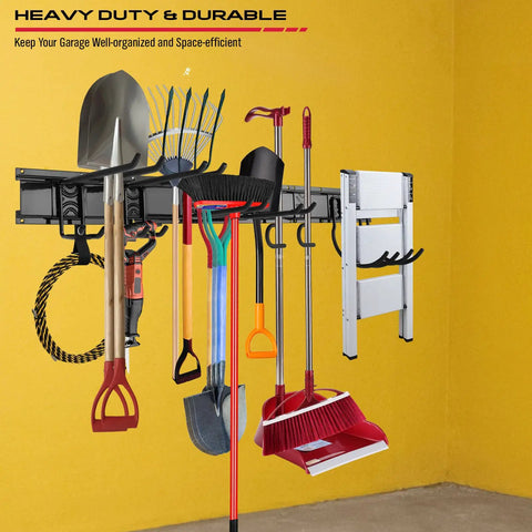 Heavy Duty Garage Wall Organizer With Adjustable Hooks Wall Mount Tool Rack For Garden Gear Holds Up To Three Hundred Pounds showing organized tools.