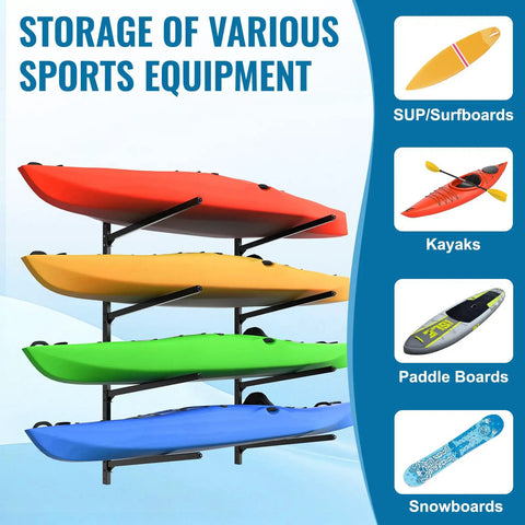 Premium Heavy Duty Kayak Storage Rack Wall Mount System For Garage Hella Sturdy Adjustable Steel Frame with kayaks and paddle boards.