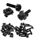 Fifty Pack M5 X25 Metal Cage Nuts And Rack Screws Rock Solid Heavy Duty Gear For Server Rigs And Network Cabinets showing black screws and nuts.