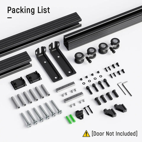Packing list of 8Ft Ceiling Mount Box Rail Barn Door Hardware Kit With Heavy Duty Aluminum Sliding Track And Matte Black Finish.