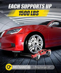 Heavy Duty Car Wheel Dolly Set Of Four For Rolling Loaded Rides With Six Thousand Lb Capacity Anti Slip Foot Pedal And Smooth Three Sixty Swivel Casters For Suv Truck Shop Jobs supporting a red sedan's tire, showing capacity of 1500 lbs.