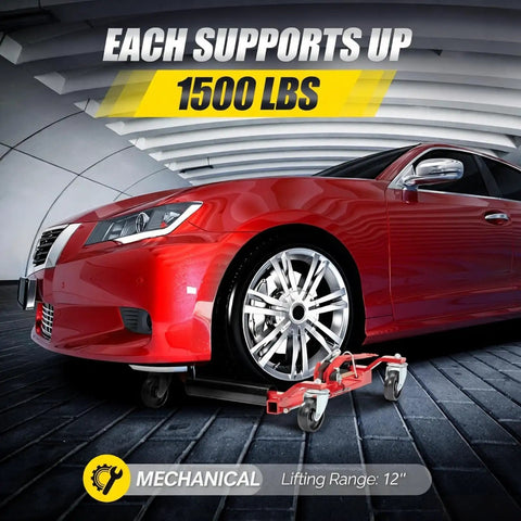 Heavy Duty Car Wheel Dolly Set Of Four For Rolling Loaded Rides With Six Thousand Lb Capacity Anti Slip Foot Pedal And Smooth Three Sixty Swivel Casters For Suv Truck Shop Jobs supporting a red sedan's tire, showing capacity of 1500 lbs.