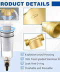 3/4 Inch Spin Down Sediment Filter With 50 100 And 200 Reusable Mesh Cores And Two Adapters, featuring clear housing and brass components.