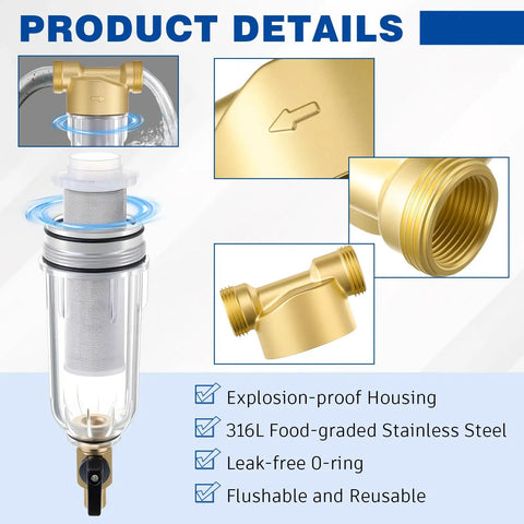 3/4 Inch Spin Down Sediment Filter With 50 100 And 200 Reusable Mesh Cores And Two Adapters, featuring clear housing and brass components.