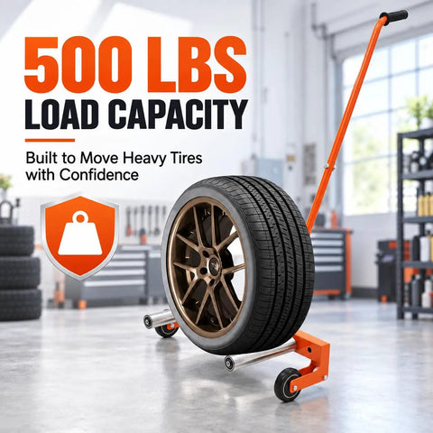 Rock Solid Heavy Duty Steel Tire Dolly With 500 Pound Load Capacity For Trucks And Cars No Fuss Garage Workshop Essential Adjustable Rolling Wheel Hauler with a tire.