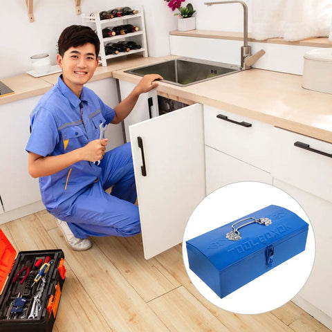 Person using Blue Iron Toolbox With Heavy Duty Lock And Steel Reinforced Corners Comfortable Grip Bar For Hardware Bits Sorting.
