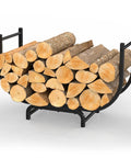 Curved 32-Inch Firewood Rack, Powder-Coated Rustproof Metal Log Holder with stacked firewood for outdoor use, black steel