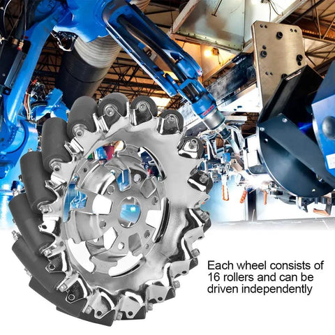 6 Inch Mecanum Wheel For Robots With 16 TPU Rubber Rollers, Heavy Duty Metal Construction, 45 Degree Omnidirectional Drive in industrial setting