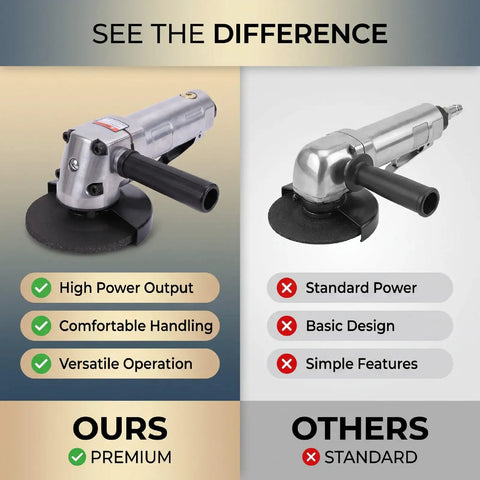 Heavy Duty Pneumatic Angle Grinder With Kickin Power And An Ergonomic Design For Swift Metal Cutting And Steady Performance On Demanding Job Sites Daily, comparison image with features.