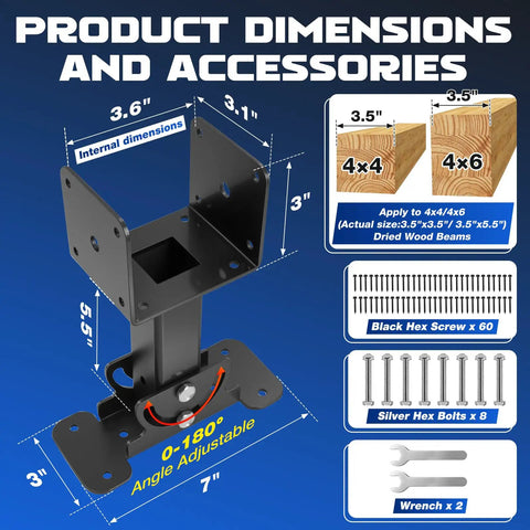 Badass Dual Adjustable Roof Riser Brackets Heavy Duty Roof Support Mount with dimensions for 4x4 and 4x6 wooden beams.
